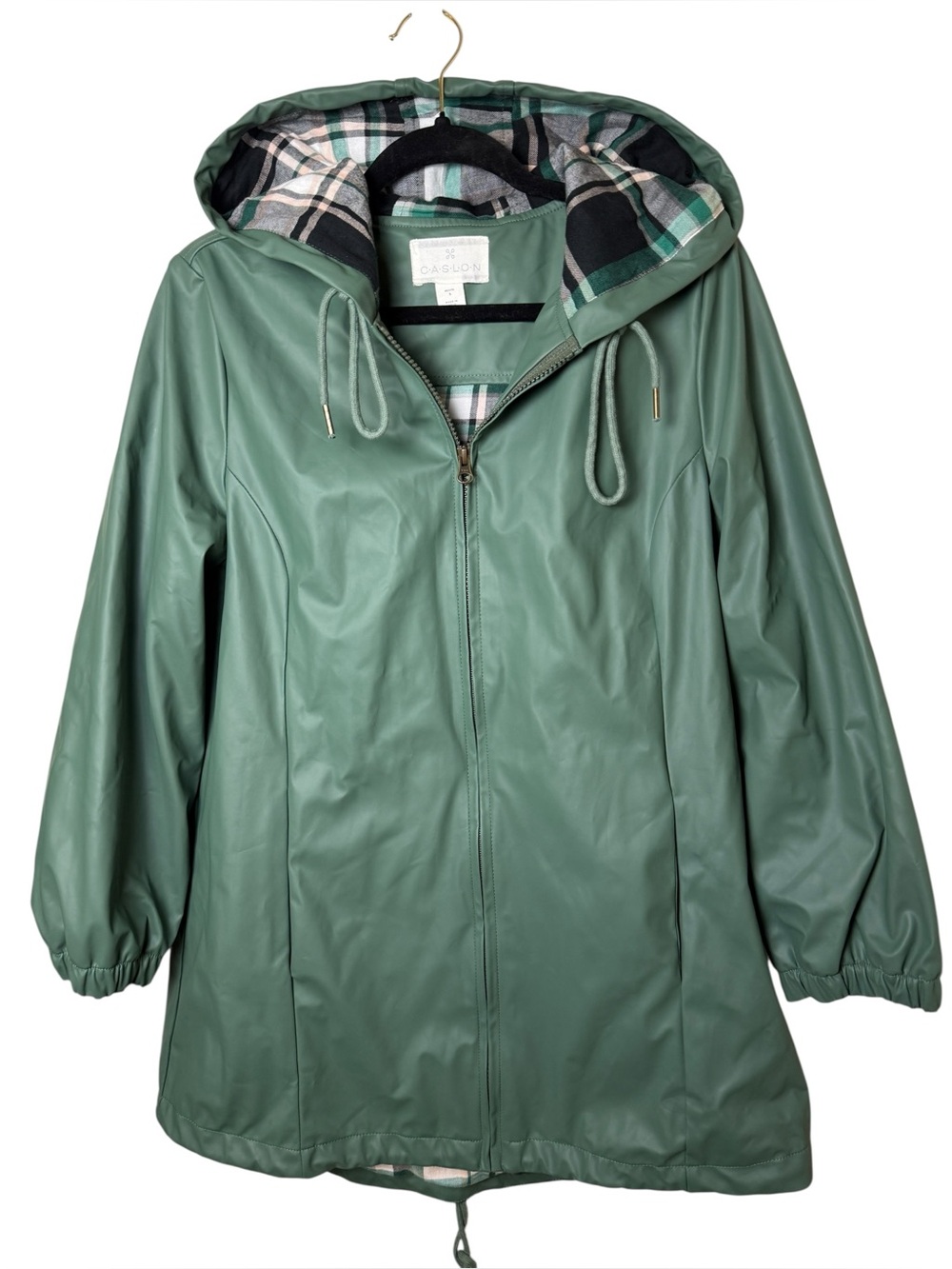 Caslon Small Sage Green Hooded Raincoat with Plaid Lining